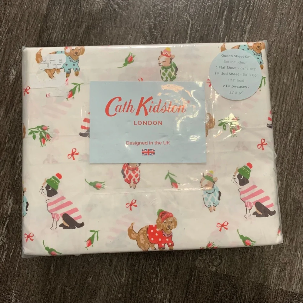 Cath Kidston London Queen Sheet Set Christmas Puppy Love Cotton Dog Roses NWT